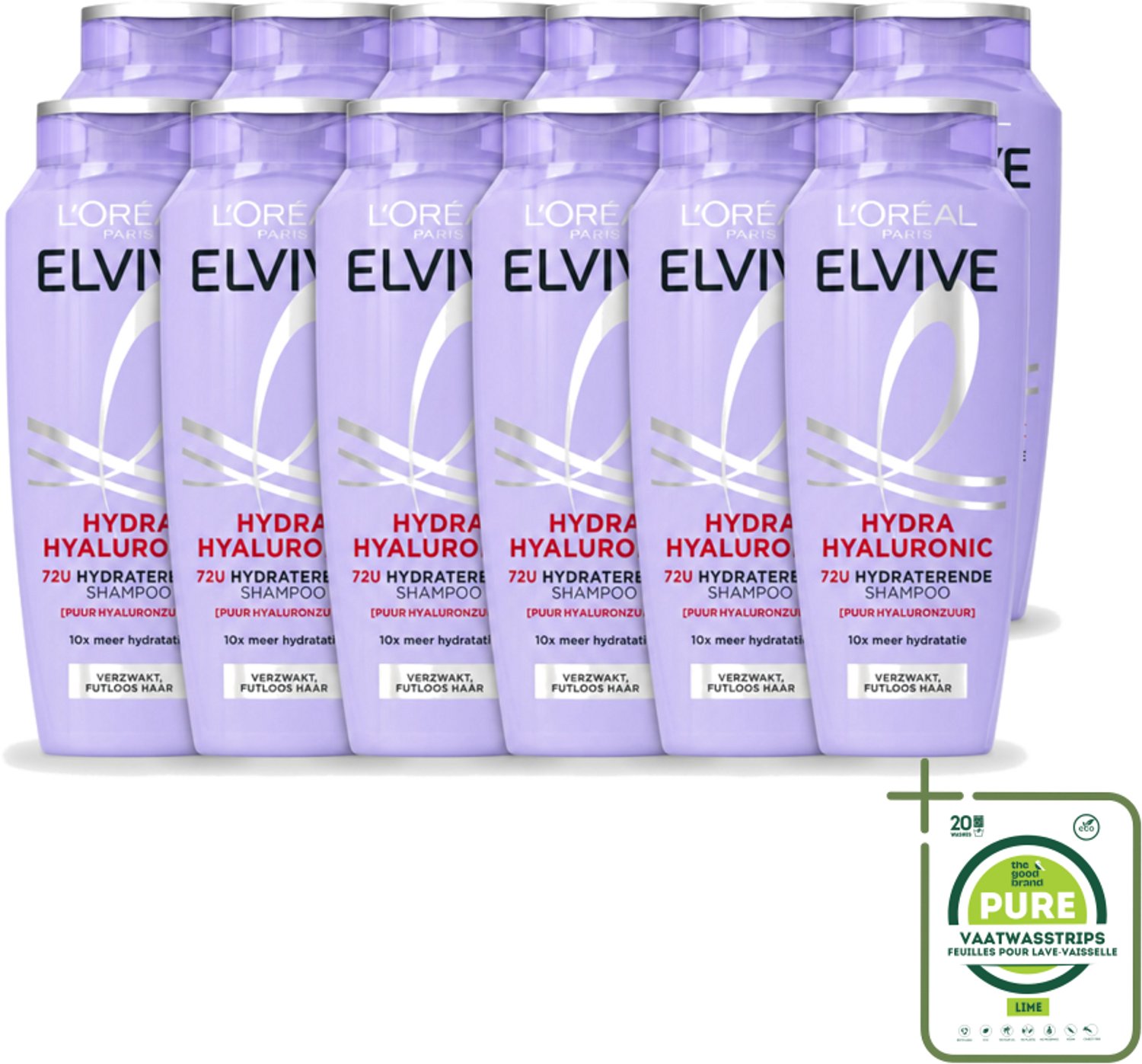 12 x L’Oréal Paris Elvive – Shampoo – Hydra Hyaluronic – Hydraterend – 250 ml - Grootverpakking - Vaatwasstrips - Hydra Hyaluronzuur Shampoo - Droog Haar - Hyaluronzuur - Vochtig Haar - Haar Hydrateren