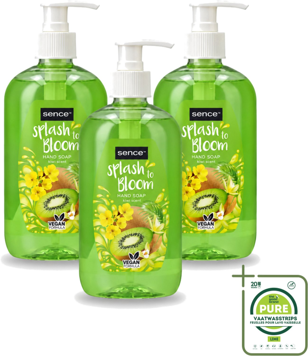 3 x Sence – Handzeep – Splash To Bloom Kiwi – 500 ml - Grootverpakking - Vaatwasstrips - Handzeep - Handen Reinigen - Handen Hydrateren - Kiwi Geur - Natuurlijke Handzeep