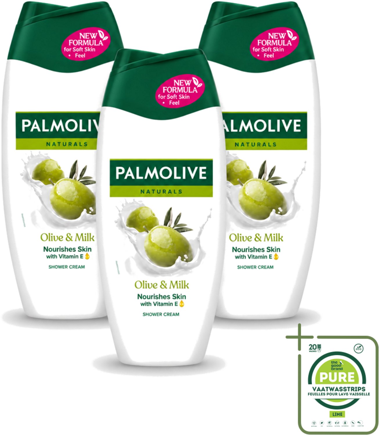 3 x Palmolive – Douchecrème – Naturals Olive & Milk – 250 ml - Grootverpakking - Vaatwasstrips - Douchecrème - Olijf En Melk - Huid Verzorging - Mild Reinigen - Voedende Douchecrème