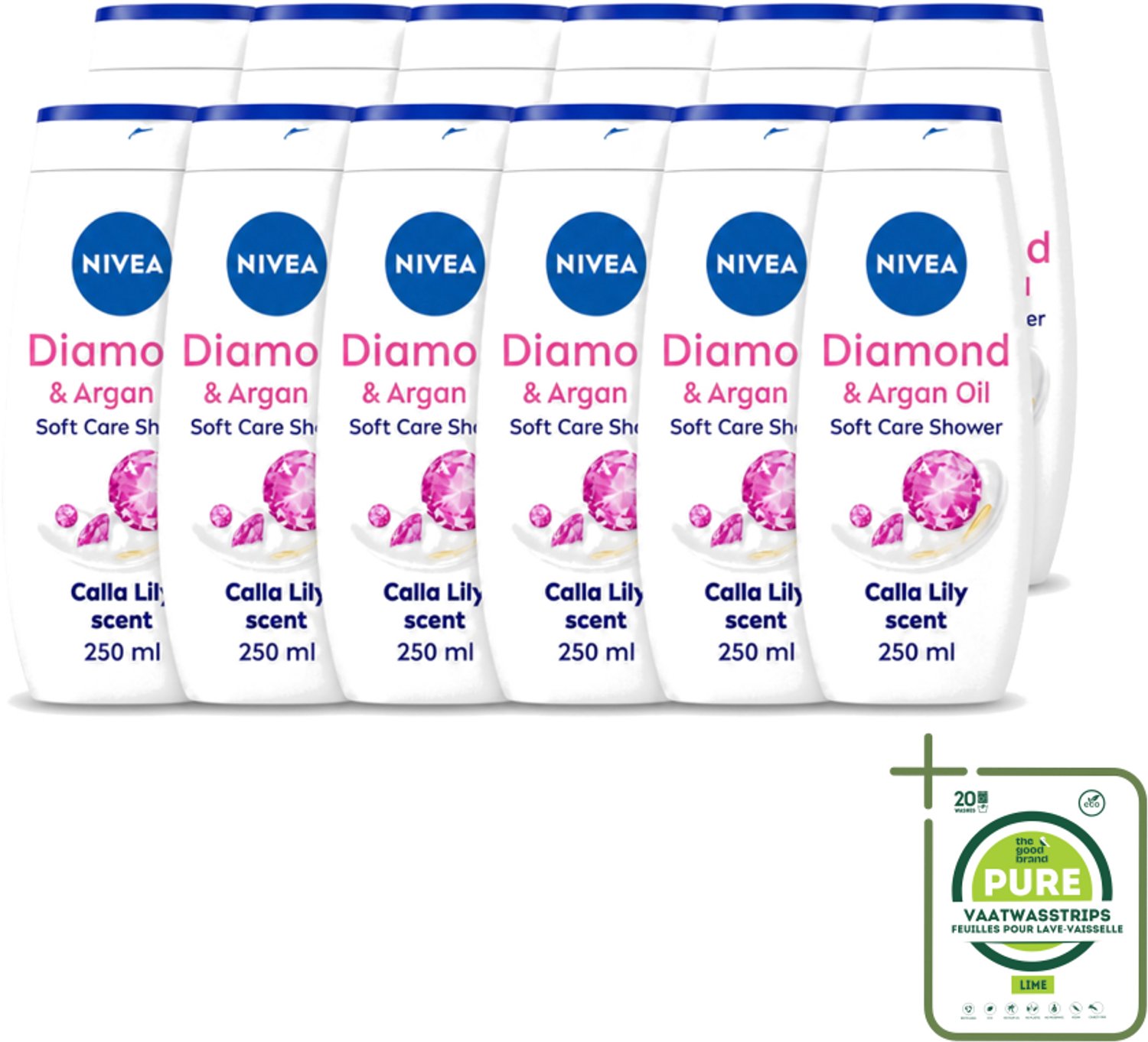 12 x Nivea - Diamond Touch Douchegel - Sensuele Leliegeur - 250 ml - Grootverpakking - Vaatwasstrips - Douchegel - Diamantpoeder - Witte Aronskelk - Hydratatie - Luxe Douchegel