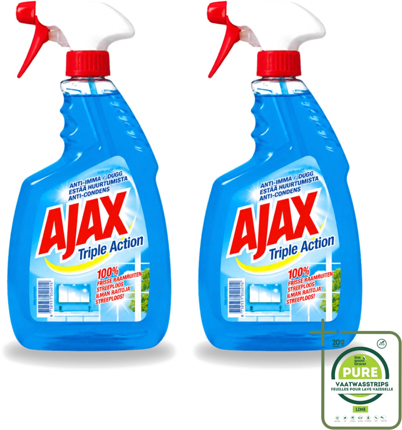 2 x Ajax - Glasreiniger Spray - Triple Action - Streeploos Schoon - Anti-Condens - 750 ml - Grootverpakking - Vaatwasstrips - Glas Reinigen - Ramen Reinigen - Glas Reiniger - Schone Ramen - Glas Reiniger Spray