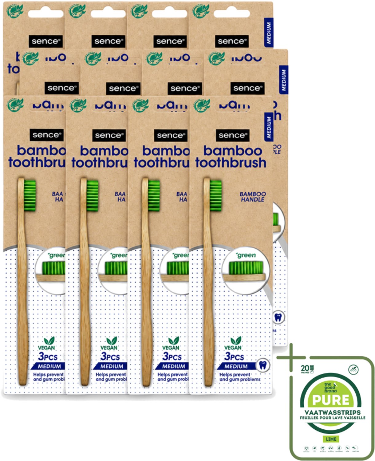 12 x Sence - Bamboo - Tandenborstels - Medium - Set van 3 - Groen - Grootverpakking - Tandenborstel - Duurzaamheid - Bamboo - Mondverzorging - Vegan