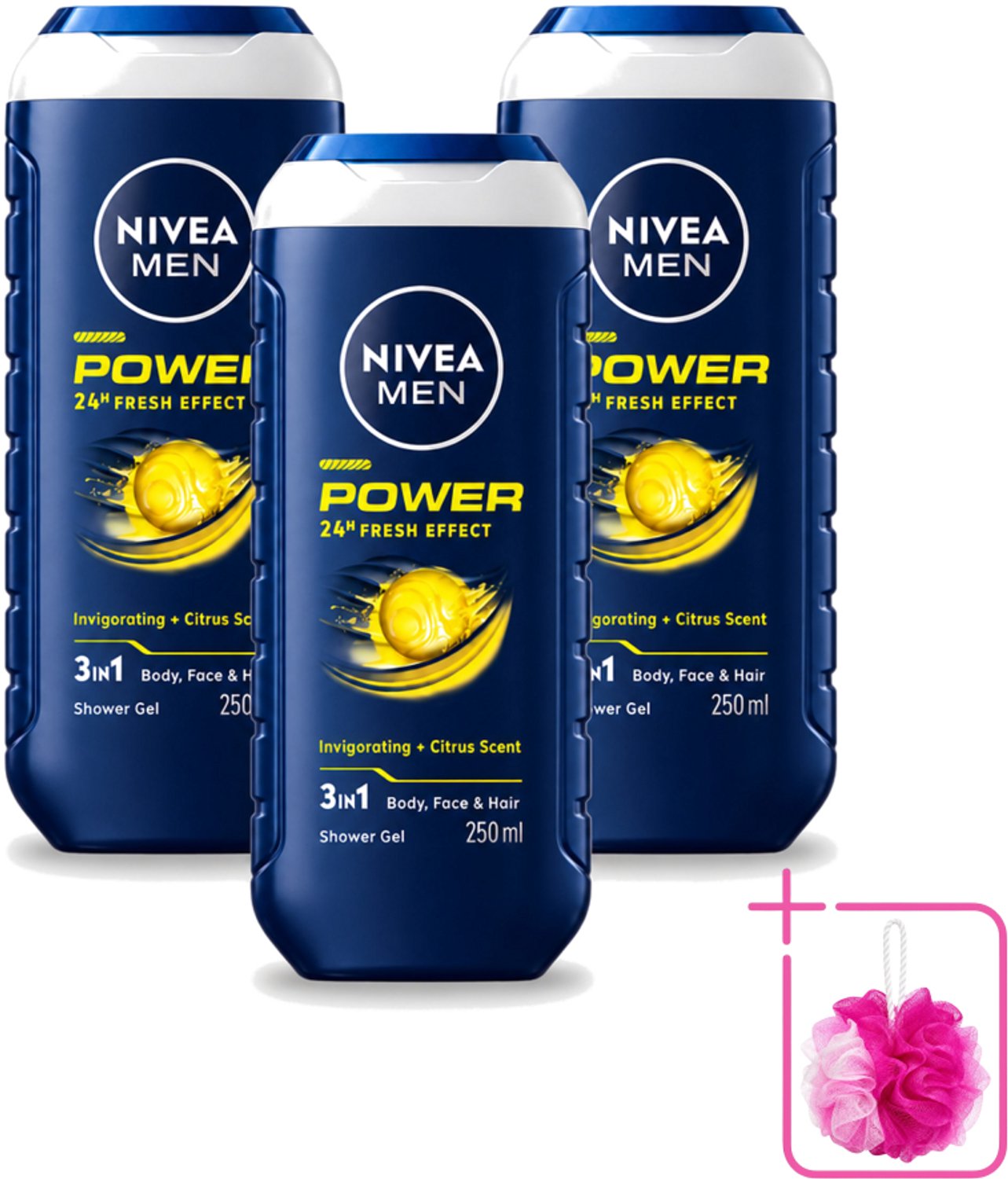 3 x Nivea - Men - Douchegel - Power Refresh - 250 ml - Bulkverpakking - Douchegel voor mannen - Douchemop - 3-in-1 douchegel