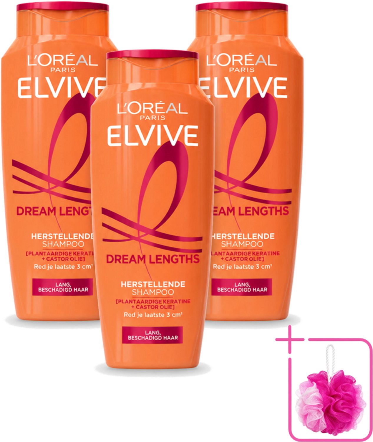 3 x L'Oréal Paris Elvive - Shampoo - Dream Lengths - Voor Lang, Beschadigd Haar - 250 ml - Bulkverpakking - Lang haar - Douchemop - Beschadigd haar