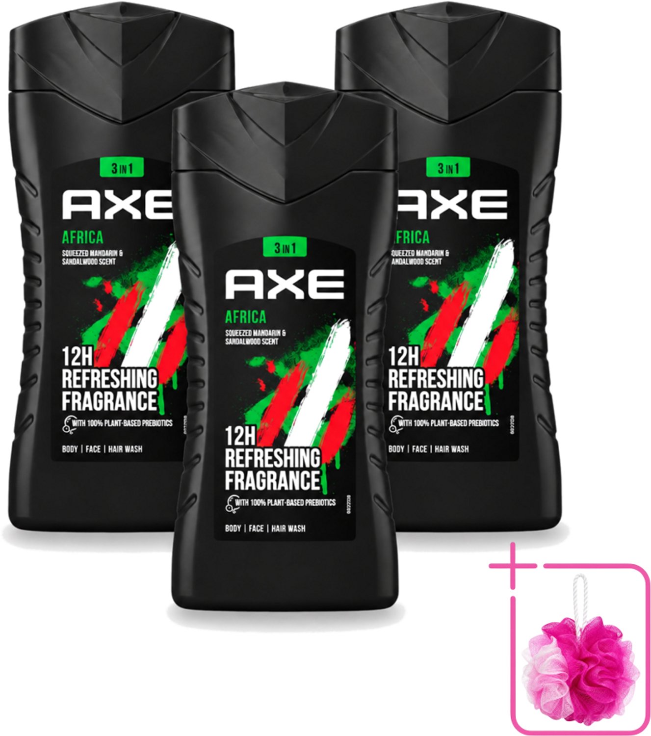 3 x Axe - 3-in-1 Douchegel - Africa - Squeezed Mandarin & Sandalwood - 100% Plantaardig - 250 ml - Bulkverpakking - Douchegel - Douchemop - Axa africa
