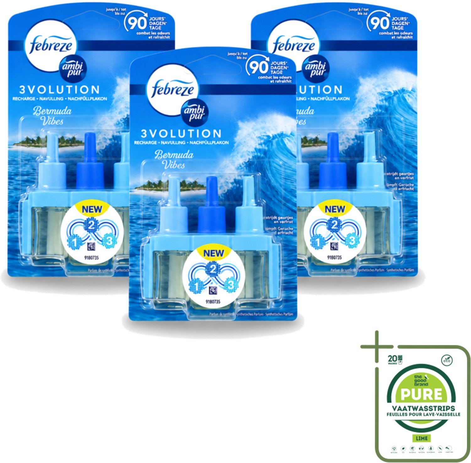 3 x Ambi Pur 3volution - Bermuda Vibes Navulling - Luchtverfrisser - 20 ml - Grootverpakking - Vaatwasstrips - Luchtverfrisser - Oceaan Geur - Geurverspreiding - Geurapparaat - Geur Sfeer
