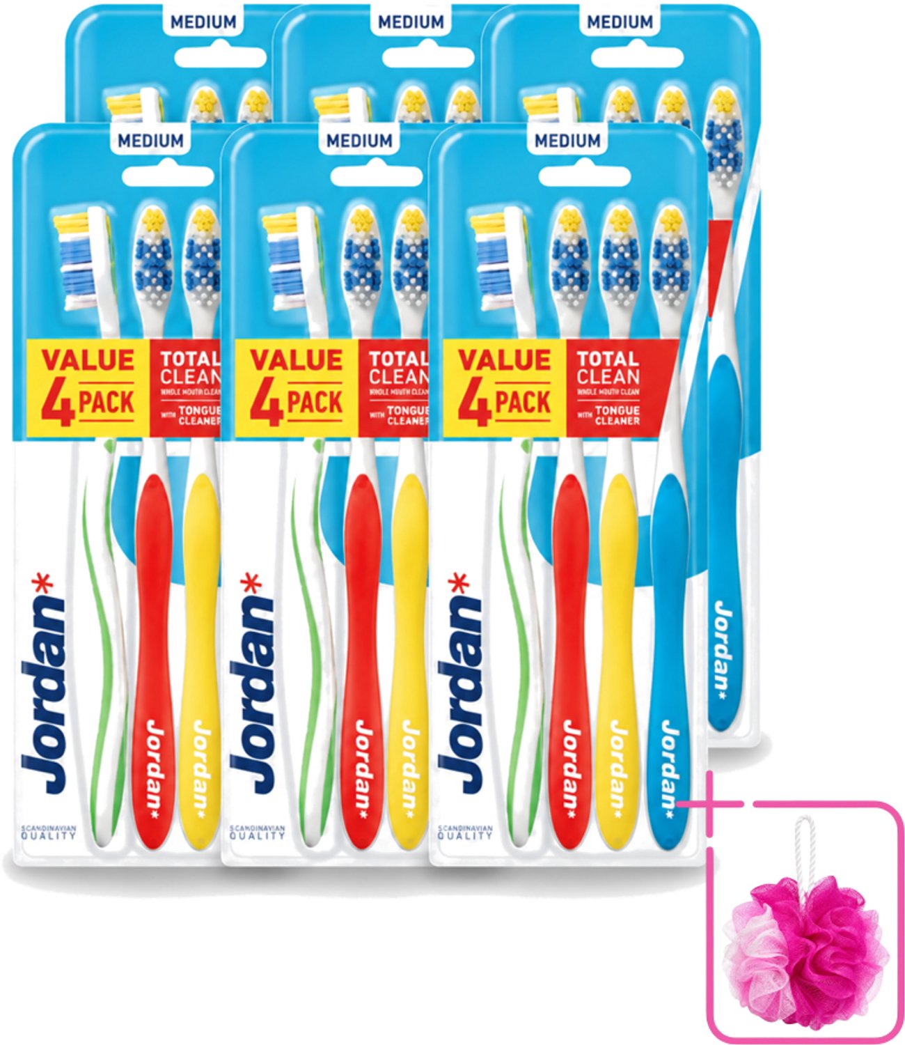 6 x Jordan - Total Clean - Tandenborstels Medium - 4 Tandenborstels - Bulkverpakking - Tandenborstel - Mondhygiëne