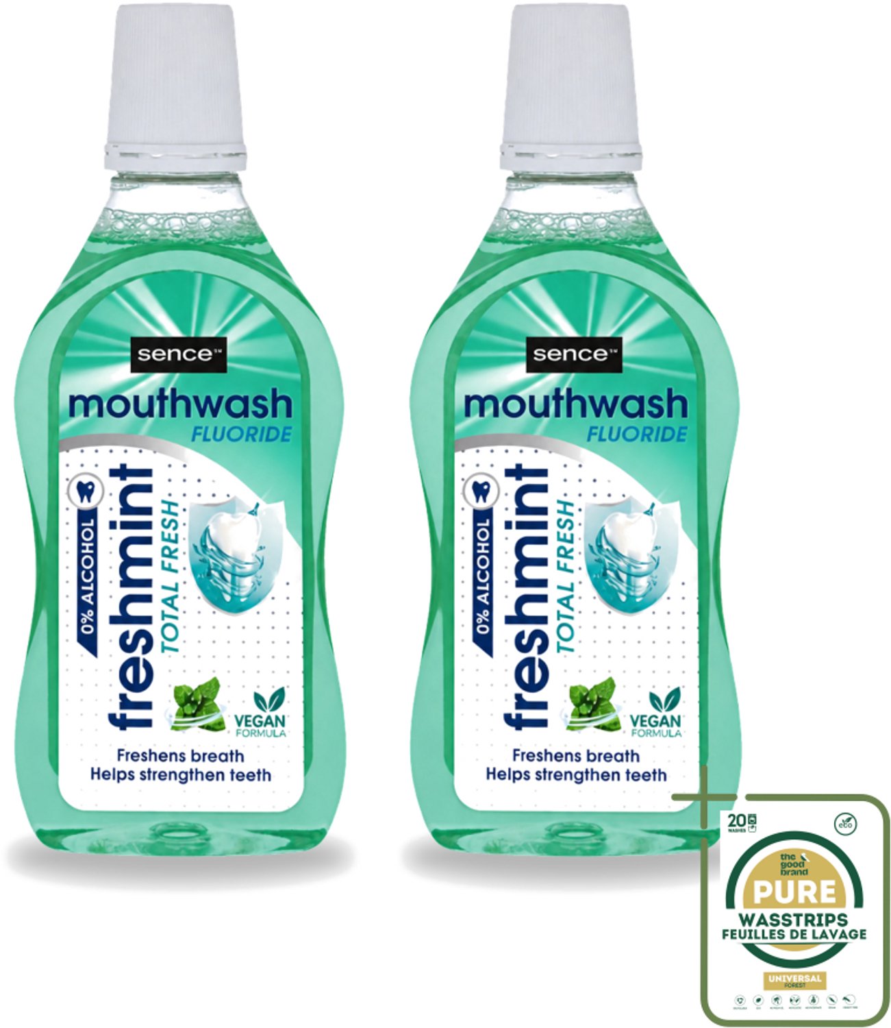 2 x Sence - Fresh Freshmint - Mondwater - Fris & Muntig - 500 ml - Wasstrips - Mondwater - Mondverzorging - Frisse Adem - Tandplak - Mintsmaak