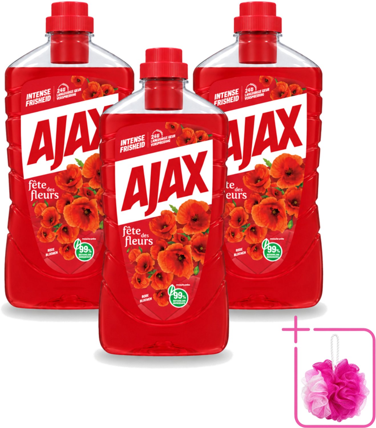 3 x Ajax - Allesreiniger - Fête des Fleurs - Intense Frisheid - Langdurige Geurverspreiding - 1 L - Bulkverpakking - Allesreiniger - Douchemop - Bloemgeur