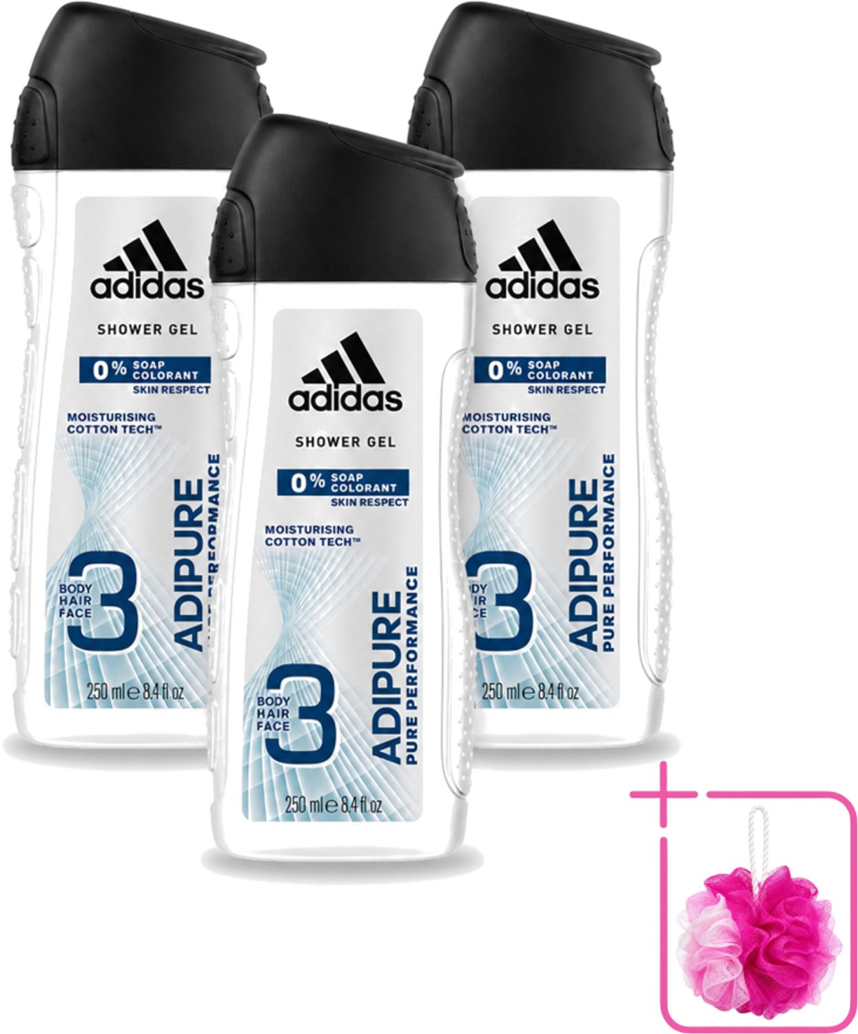 3 x Adidas - 3-in-1 Douchegel - Adipure Pure Performance - Huidvriendelijk - 0% Zeep Kleurstof - 250 ml - Bulkverpakking - Adidas Adipure Douche en Shampoo - Douchemop - Huidvriendelijk