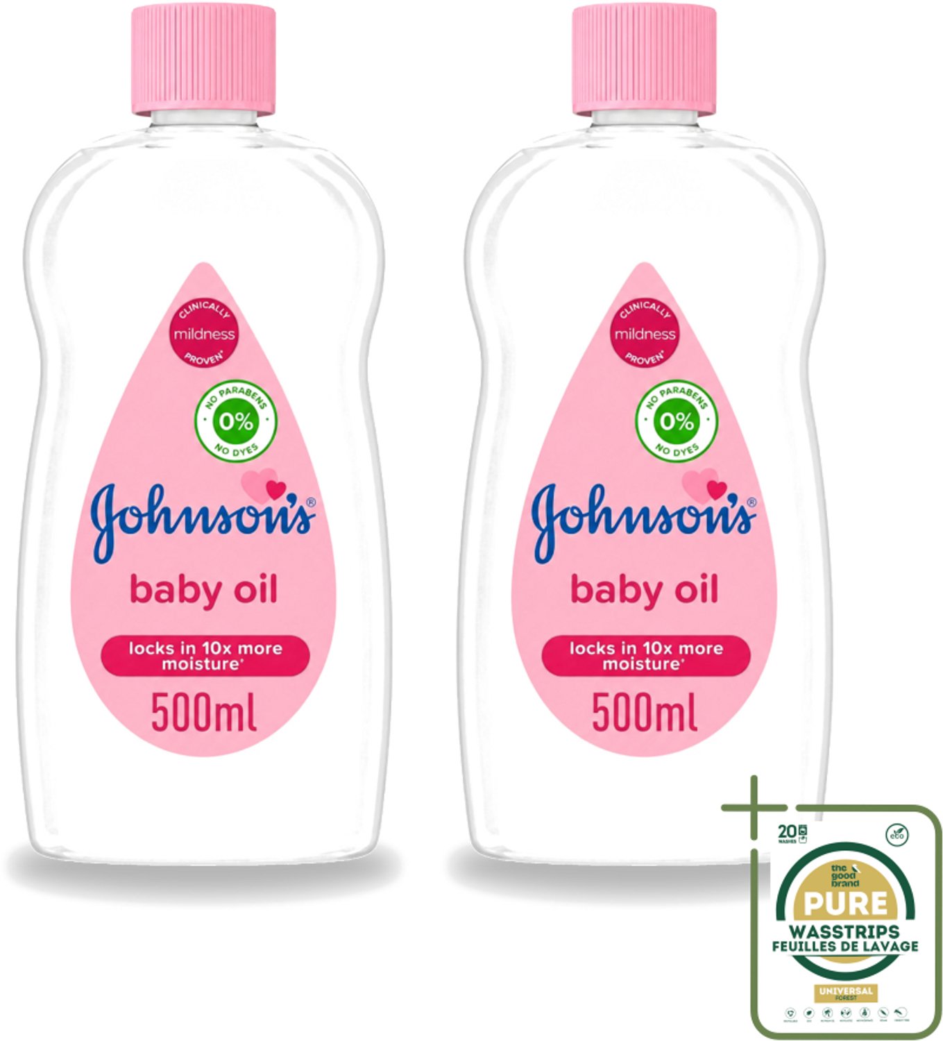 2 x Johnson's - Baby Olie - Verzachtend - Hydraterend - 500 ml - Wasstrips - Baby Aceite - Babyolie - Babyhuid Verzorging - Baby Massage - Hydratatie
