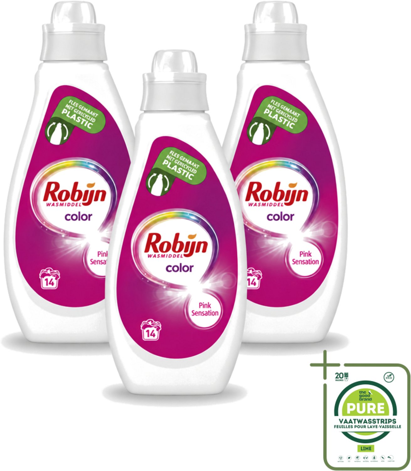 3 x Robijn - Color - Vloeibaar Wasmiddel - Pink Sensation - 14 Wasbeurten - 700 ml - Grootverpakking - Vaatwasstrips - Kleurbehoud - Wasmiddel - Vloeibaar Wasmiddel - Geur - Wasbeurt