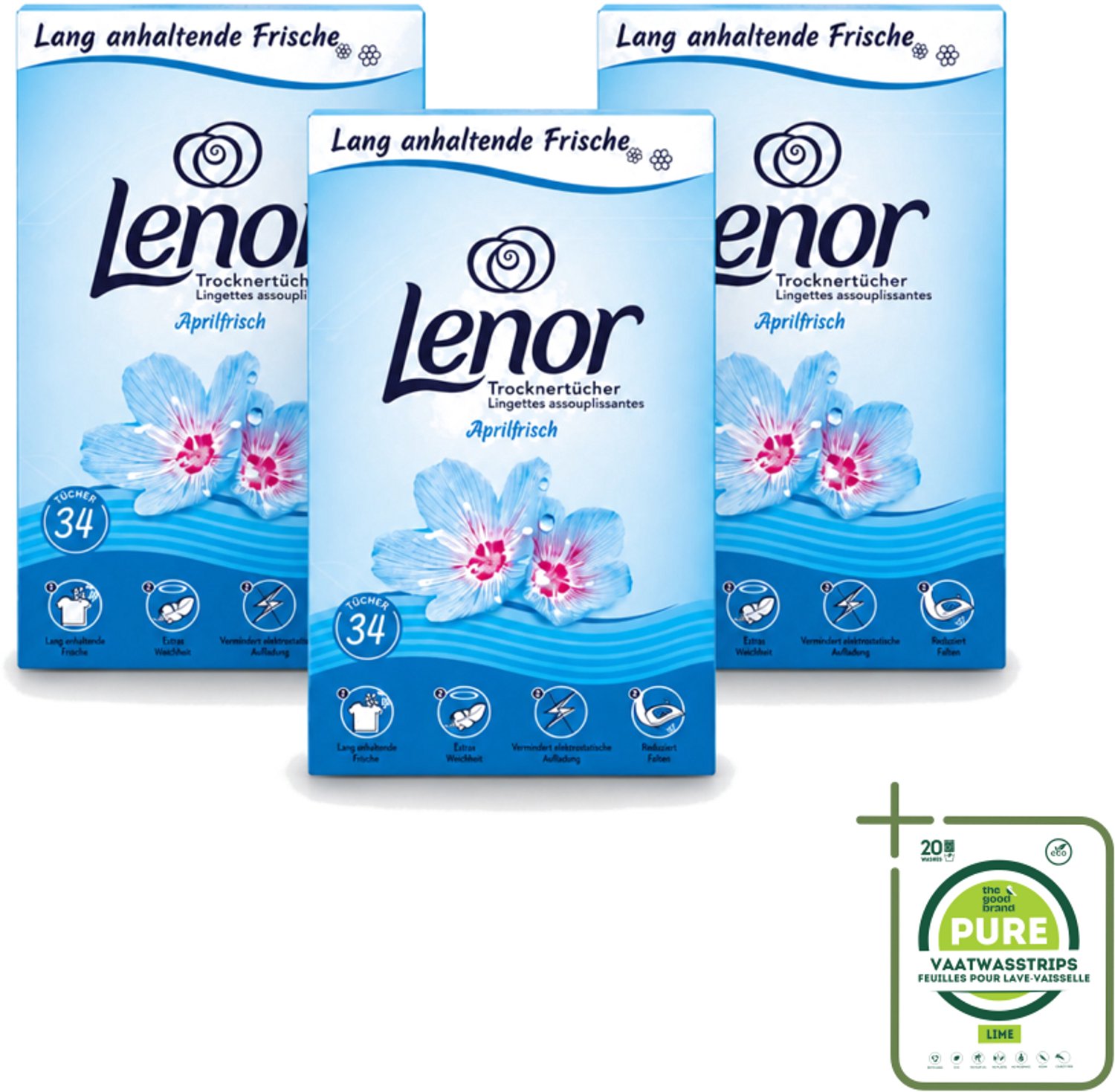 3 x Lenor - Droogtrommeldoekjes - Aprilfris - Textielverfrisser - 34 Doekjes - Grootverpakking - Vaatwasstrips - Droogtrommeldoekjes - Frisheid - Wasdoekjes - Statische Elektriciteit - Wasgoed