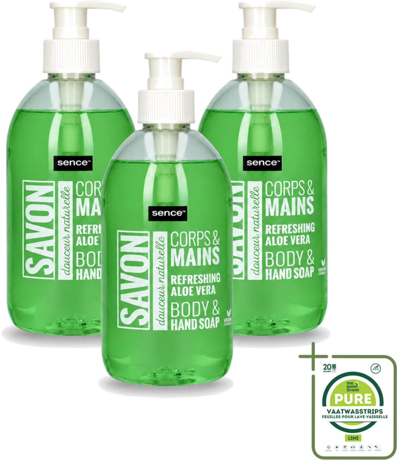 3 x Sence - Refreshing Aloe Vera - Handzeep - Savon - 500 ml - Grootverpakking - Vaatwasstrips - Aloe Vera Handzeep - Handverzorging - Frisse Handen - Hydraterende Handzeep - Mild Handzeep