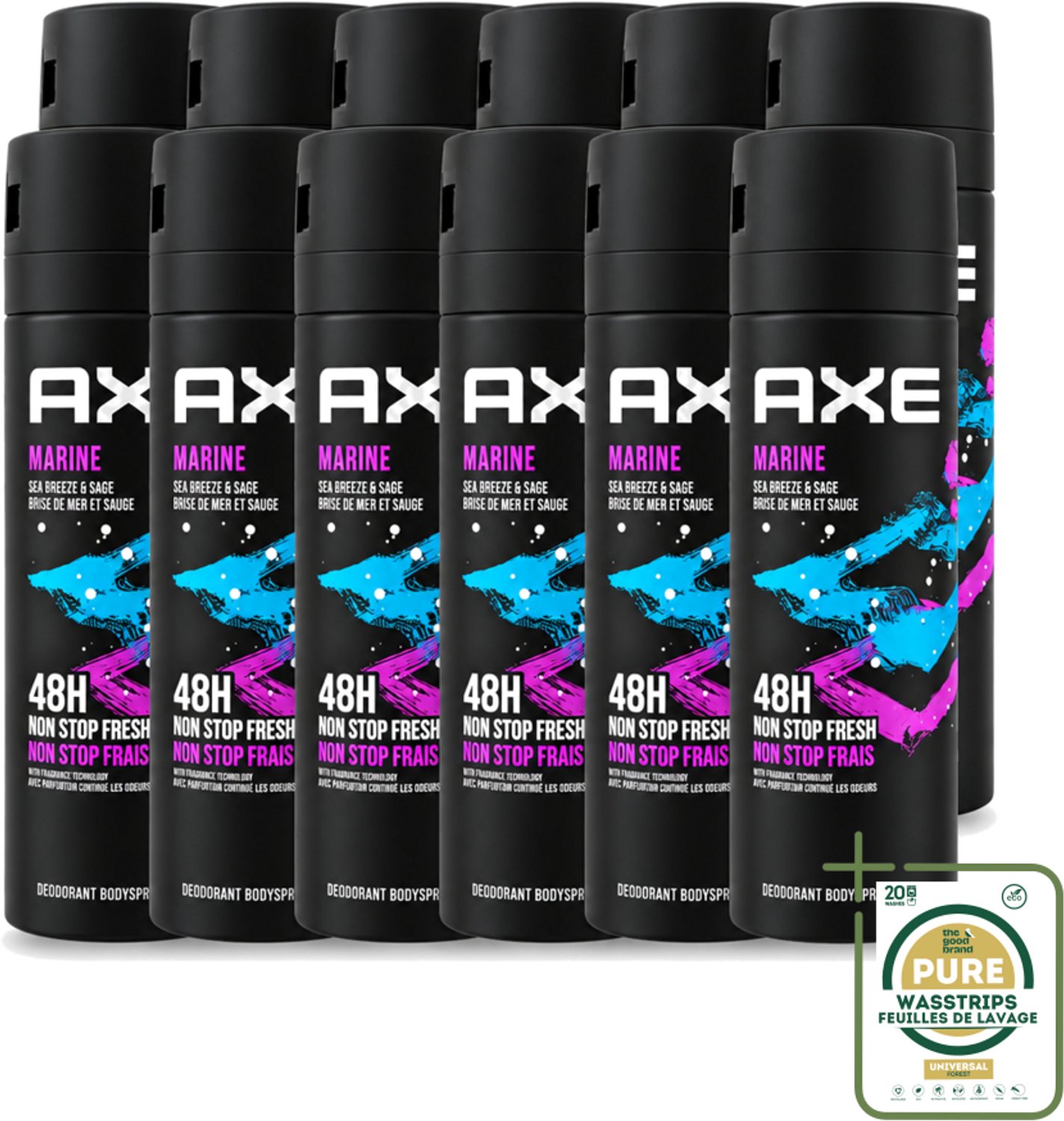 12 x Axe - Deodorant Bodyspray - 100% Fresh Fragrance - Marine - Sea Breeze & Sage - 150 ml - Wasstrips - Deodorant Bodyspray - Marine Geur - Zeebries - Salie - Geurfrisheid