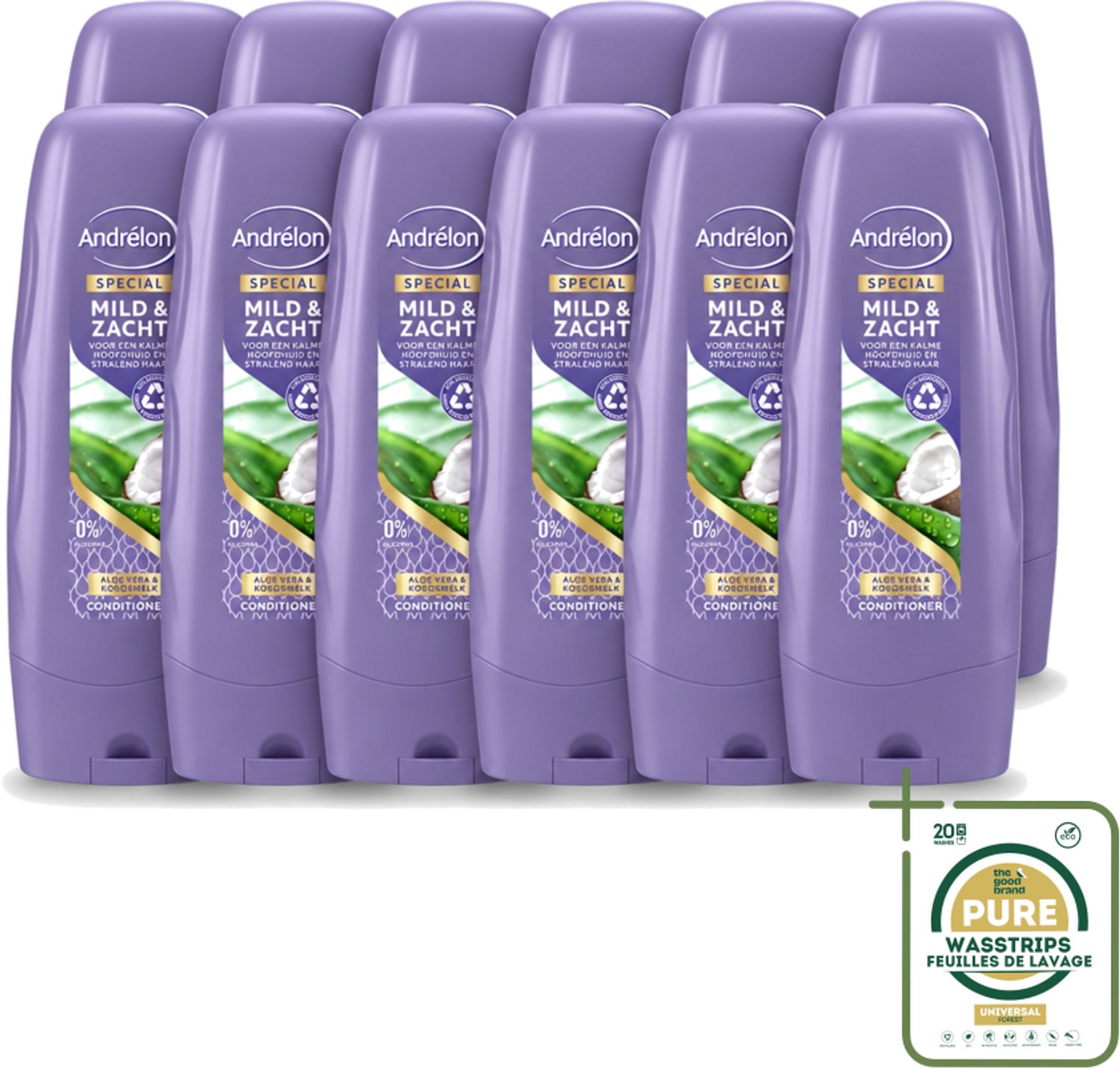 12 x Andrélon - Mild & Zacht - Conditioner - Voor Gevoelige Hoofdhuid - 300 ml - Wasstrips - Gevoelige Hoofdhuid - Droge Hoofdhuid - Zachte Haar - Glanzend Haar - Kokosgeur