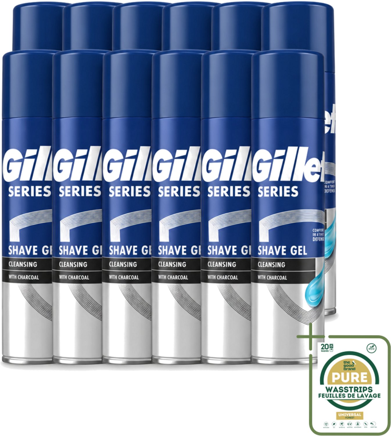 12 x Gillette Series - Scheergel - Cleansing - Charcoal - Verfrissend en reinigend - 200 ml - Wasstrips - Scheergel - Houtskool - Menthol - Reinigende Scheergel - Verfrissend