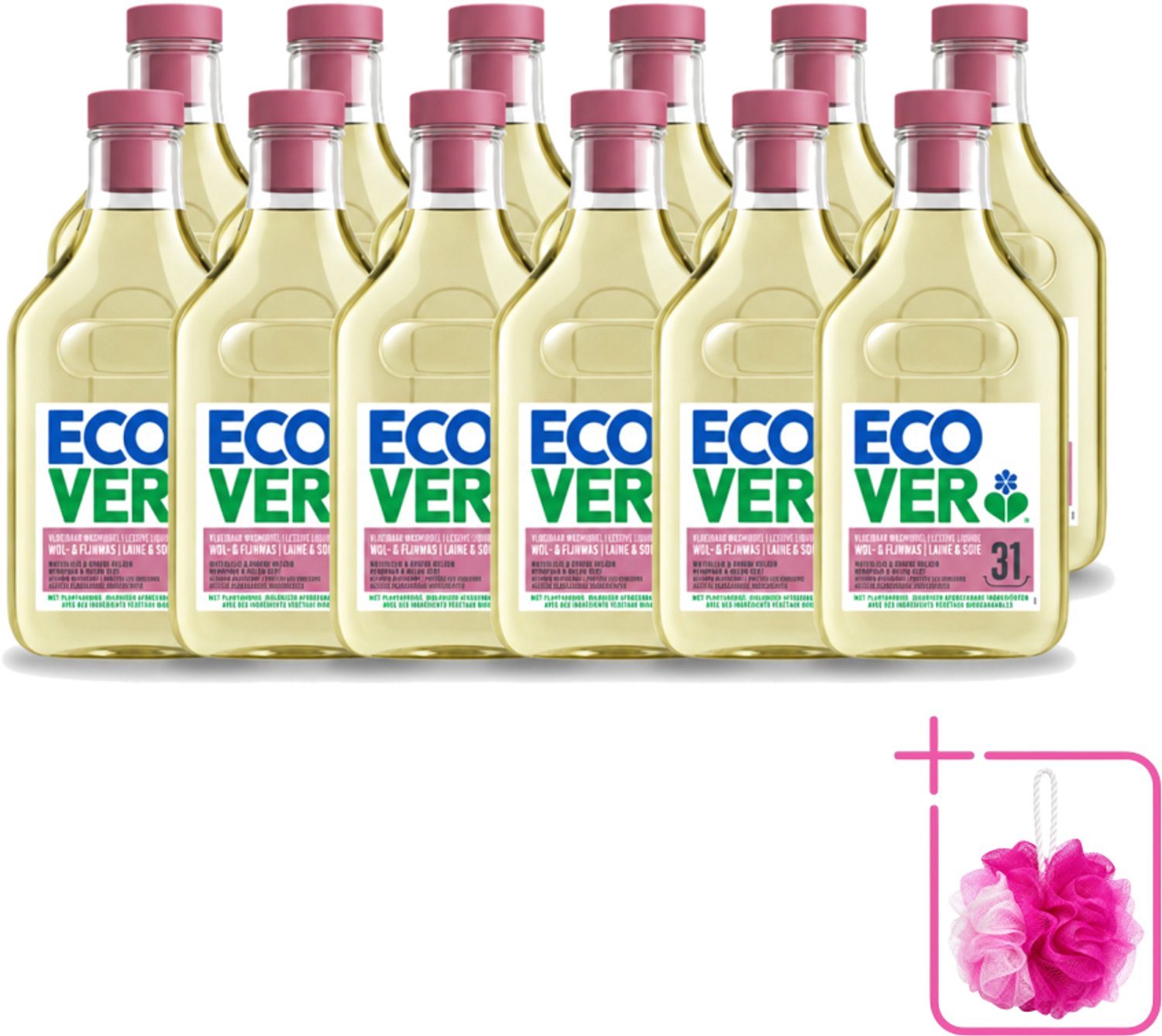 12 x Ecover - Vloeibaar Wasmiddel - Wol & Fijn Was - Waterlelie & Groene Meloen - 31 Wasbeurten - 1.43 L - Bulkverpakking - Wasmiddel Wol en Fijn - Douchemop - Fijne was