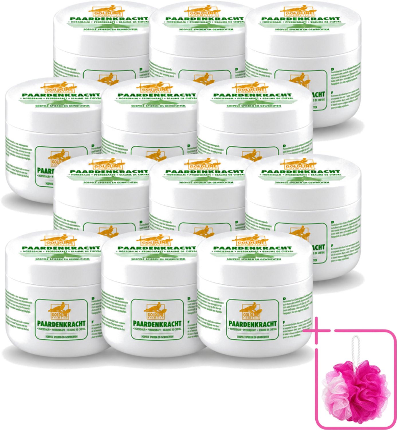 12 x Goldline - Bodycrème - Paardenkracht - Herstel & Verzorging - 250 ml - Bulkverpakking - Paardenkracht bodycrème - Douchemop - Huid herstel