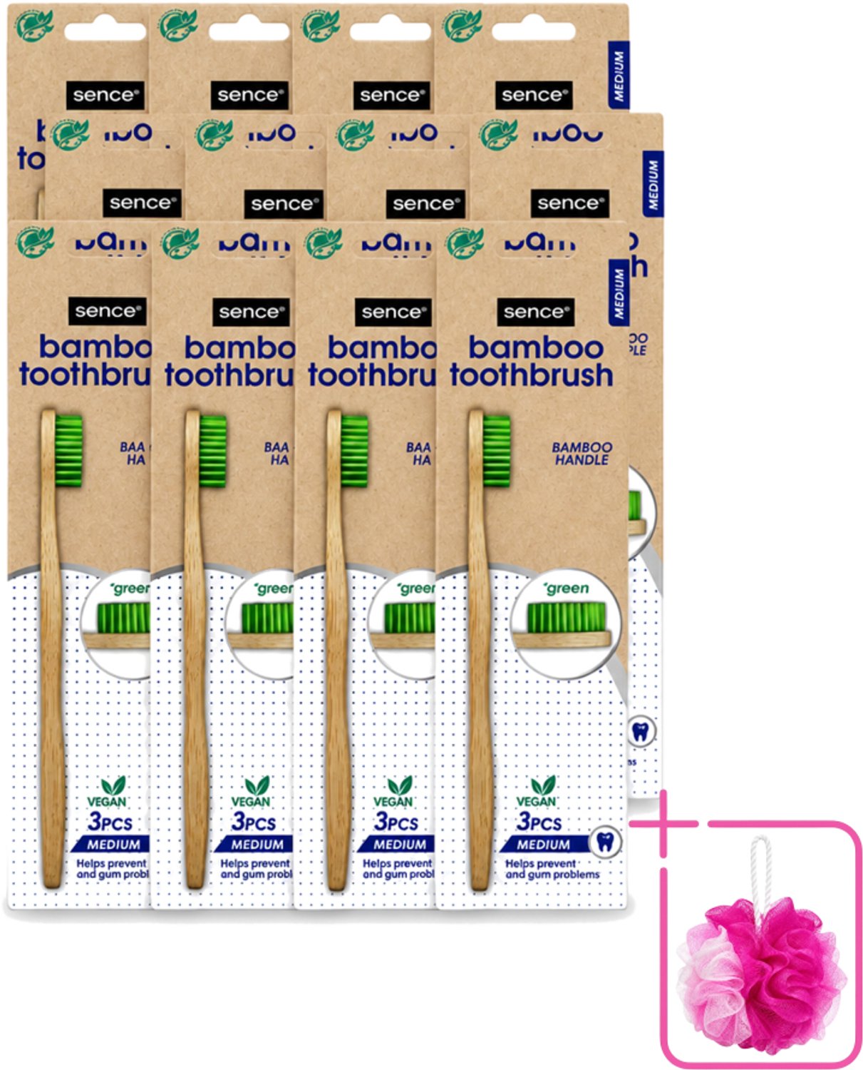12 x Sence - Bamboo - Tandenborstels - Medium - Set van 3 - Groen - Bulkverpakking - Tandenborstel - Douchemop - Duurzaamheid