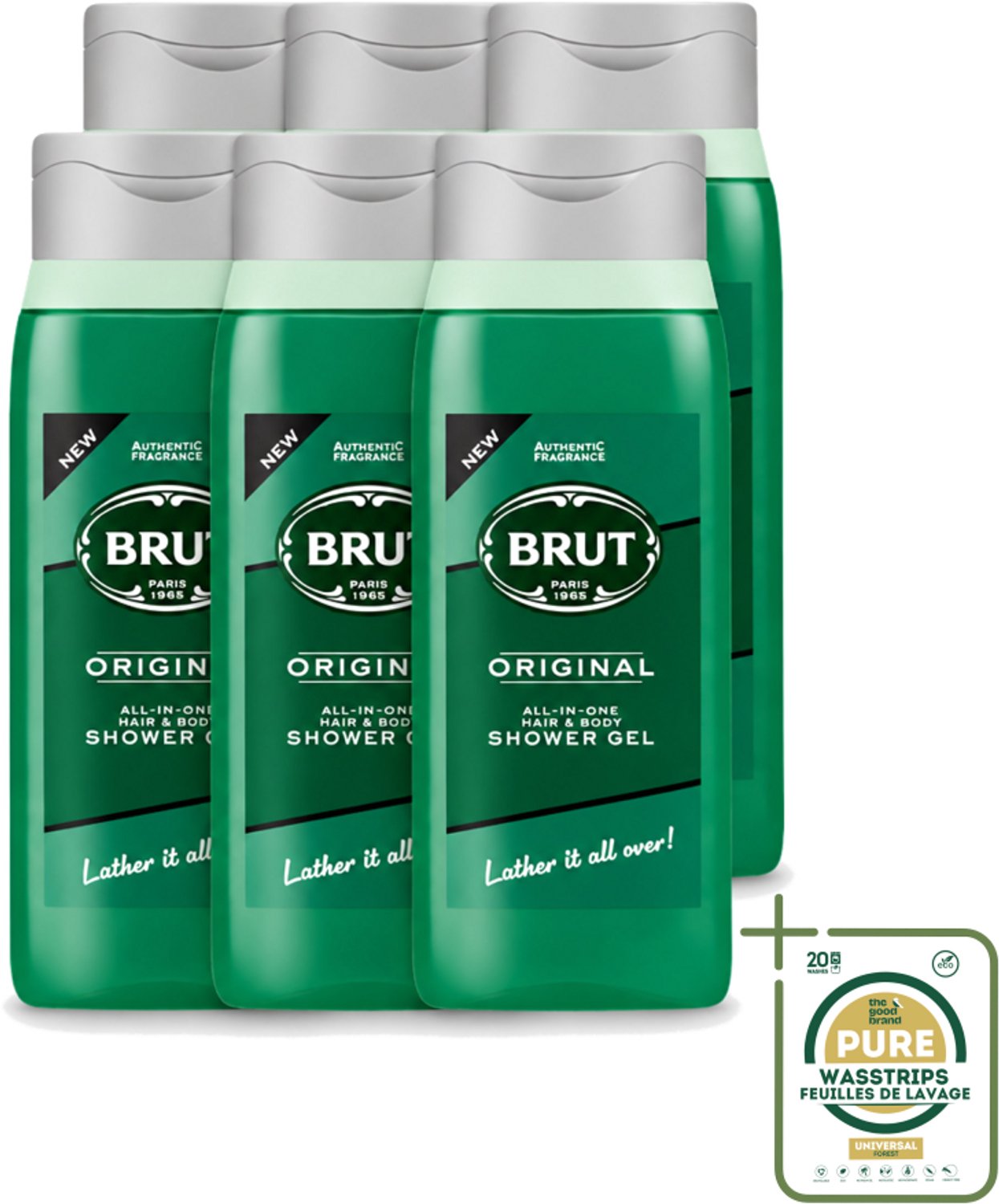 6 x Brut - Douchemiddel - All in One Haar en Body - Original - Verzorgend & Verfrissend - 500ml - Wasstrips - Douchegel Haar En Lichaam - All In One Douchegel - Brut Original - Verzorgende Douchegel - Frisse Douchegel
