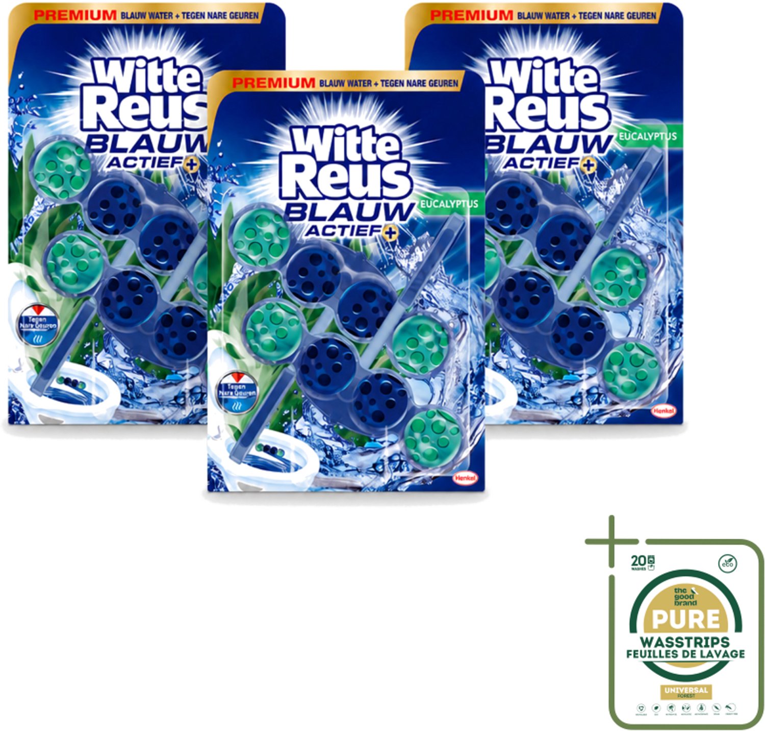 3 x Witte Reus - Toiletblok - Blauw Actief Eucalyptus - 2 Toiletblokken - Wasstrips - Toiletblok - Blauw Actief Eucalyptus - Reinigend Schuim - Kalkaanslag Voorkomen - Frisse Geur