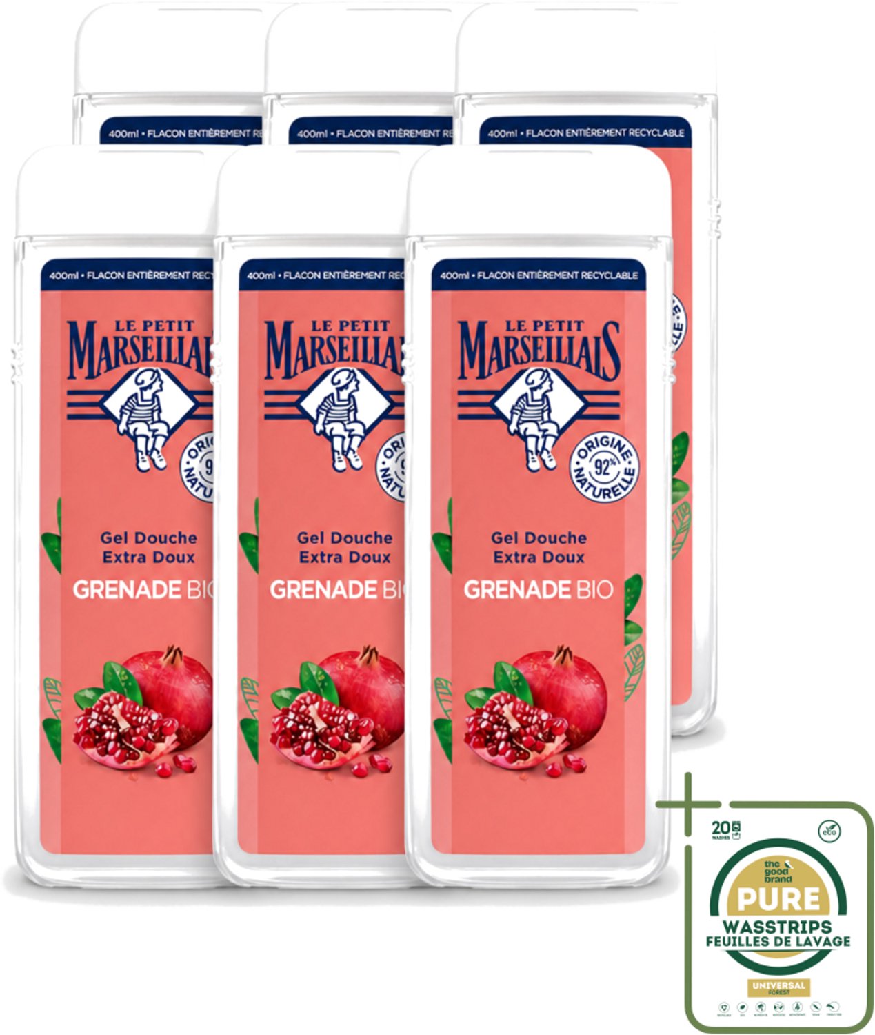 6 x Le Petit Marseillais – Douchegel – Grenade Bio – 400 ml - Wasstrips - Douchegel - Biologische Douchegel - Granaatappel Douchegel - Natuurlijke Douchegel - Frisse Douchegel