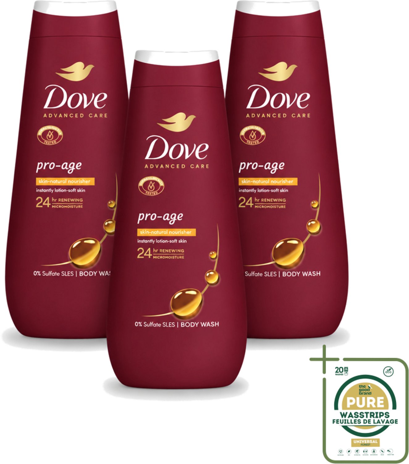 3 x Dove – Douchegel – Pro Age Body Wash – 400 ml - Wasstrips - Douchegel Voor Rijpere Huid - Huidverzorging - Hydraterende Crème - Huidbarrière - Sulfaatvrije Douchegel