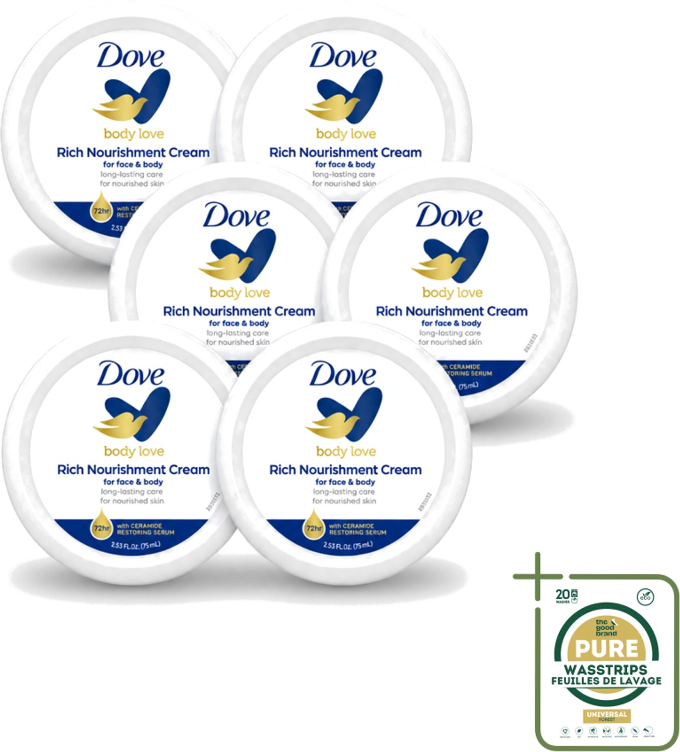 6 x Dove – Bodycrème – Rich Nourishment – 75 ml - Wasstrips - Bodycrème - Hydratatie - Droge Huid - Voedende Crème - DeepCare Complex