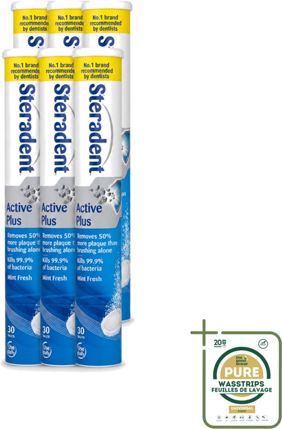 6 x Steradent - Reinigingstabletten - Active Plus - Tegen Tandsteen & Bacteriën - 30 Tabletten - Wasstrips - Kunstgebit Reinigen - Tandsteen Verwijderen - Bacteriën Doden - Mondhygiëne - Adem Verfrissen