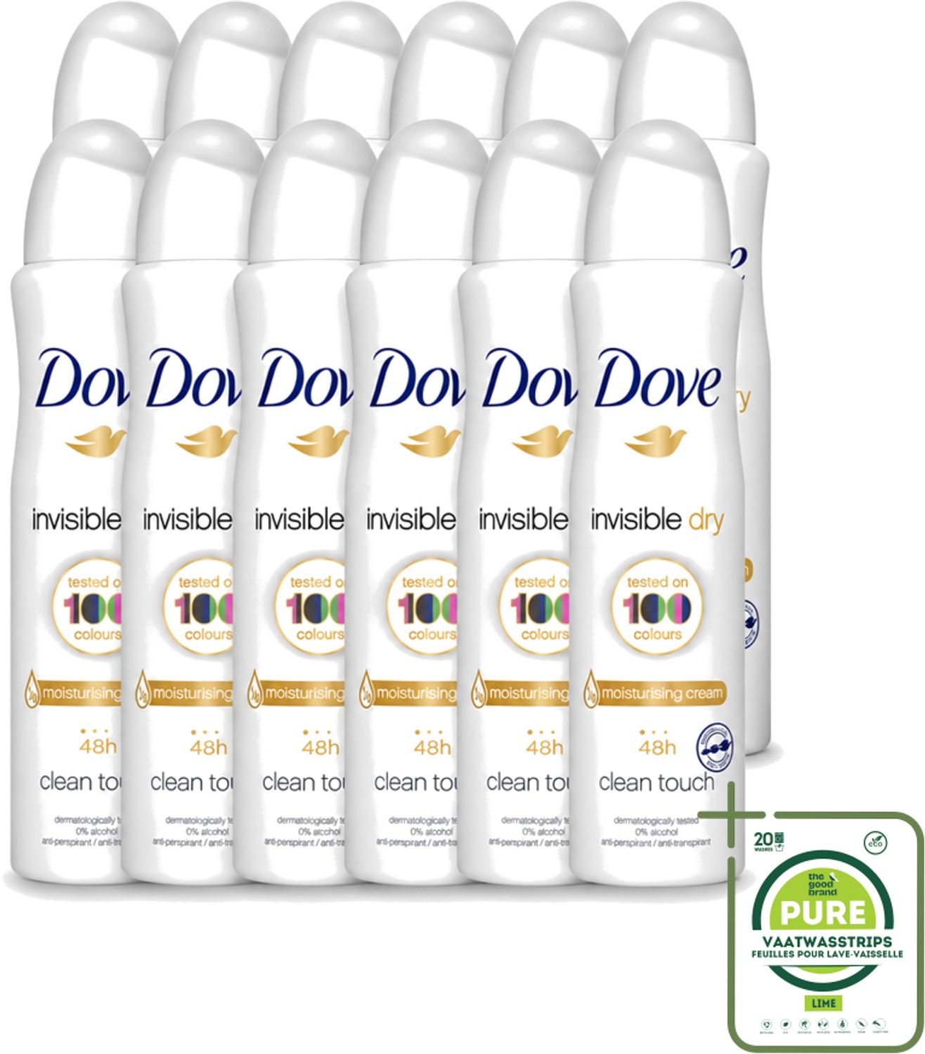 12 x Dove - Deodorant - Invisible Dry - Onzichtbare bescherming - 250 ml - Grootverpakking - Vaatwasstrips - Onzezichtbare Deodorant - Zweet En Geur - Vlekken Op Kleding - Huidbescherming - Alcoholvrije Deodorant