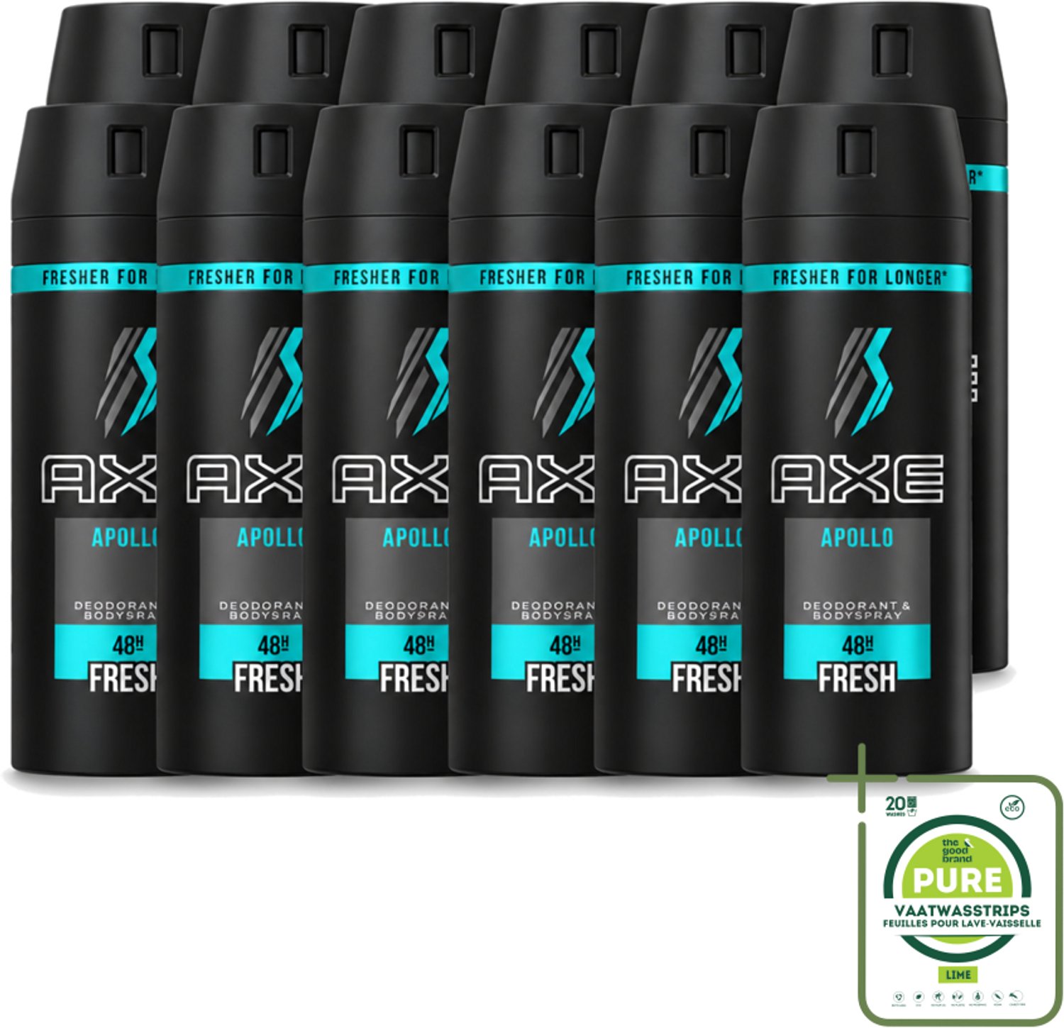 12 x Axe - Deodorant Bodyspray - 48hrs Non Stop Fresh - Apollo - 150 ml - Grootverpakking - Vaatwasstrips - Deodorant Sprayer - Frisse Geur - Lichaamsgeur Bescherming - Zelfvertrouwen - Energie