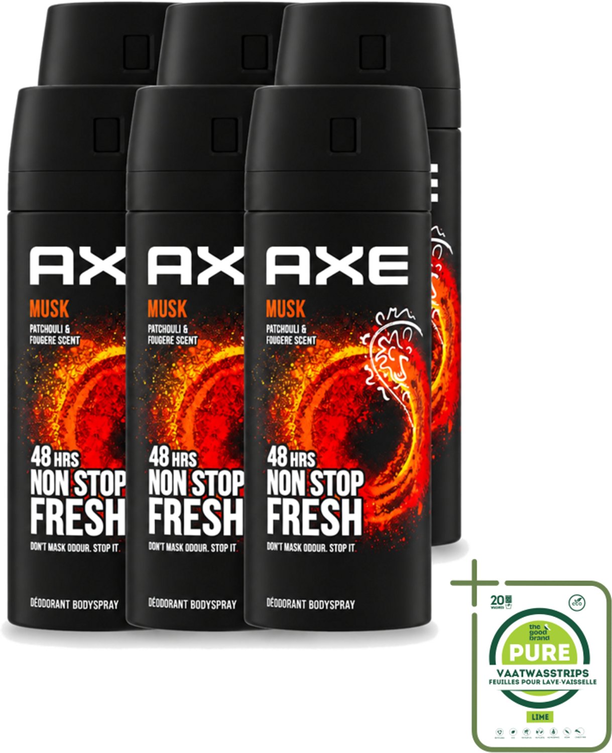 6 x Axe - Deodorant Bodyspray - 48hrs Non Stop Fresh - Musk - Patchouli & Fougere - 150 ml - Grootverpakking - Vaatwasstrips - Axe Musk Deodorant - Deospray Musk - Musk Geur - Deodorant Bodyspray - Geur Bescherming