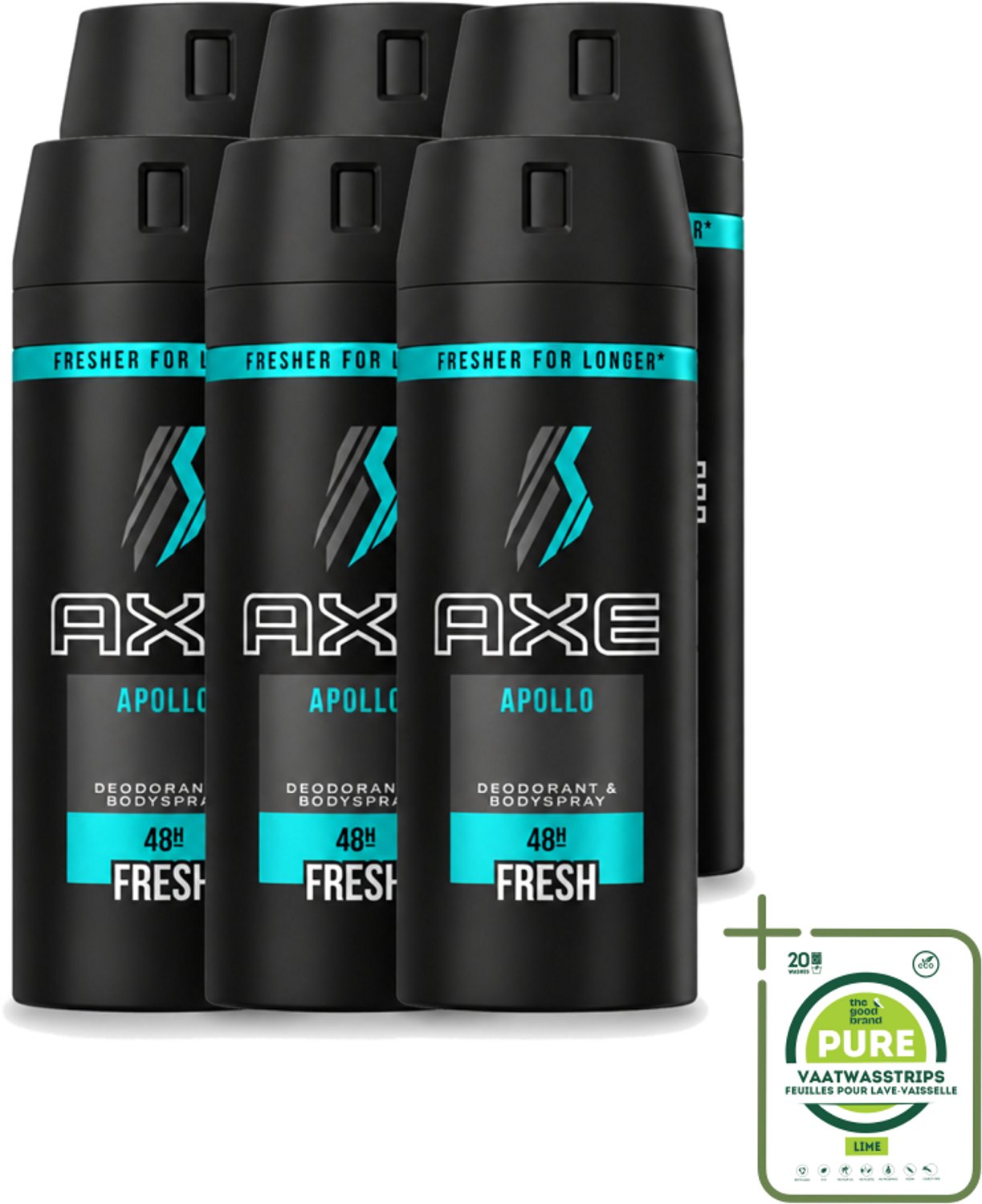 6 x Axe - Deodorant Bodyspray - 48hrs Non Stop Fresh - Apollo - 150 ml - Grootverpakking - Vaatwasstrips - Deodorant Sprayer - Frisse Geur - Lichaamsgeur Bescherming - Zelfvertrouwen - Energie