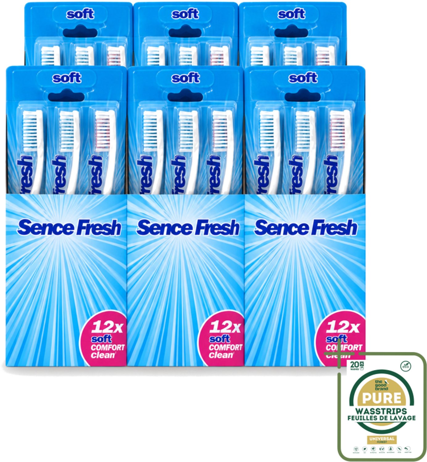 6 x Sence - Tandenborstels - Fresh Soft Comfort Clean - 12 Tandenborstels - Wasstrips - Tandenborstel - Zachte Tandenborstel - Mondhygiëne - Tandenborstel Voor Gevoelig Tandvlees - Dagelijks Poetsen