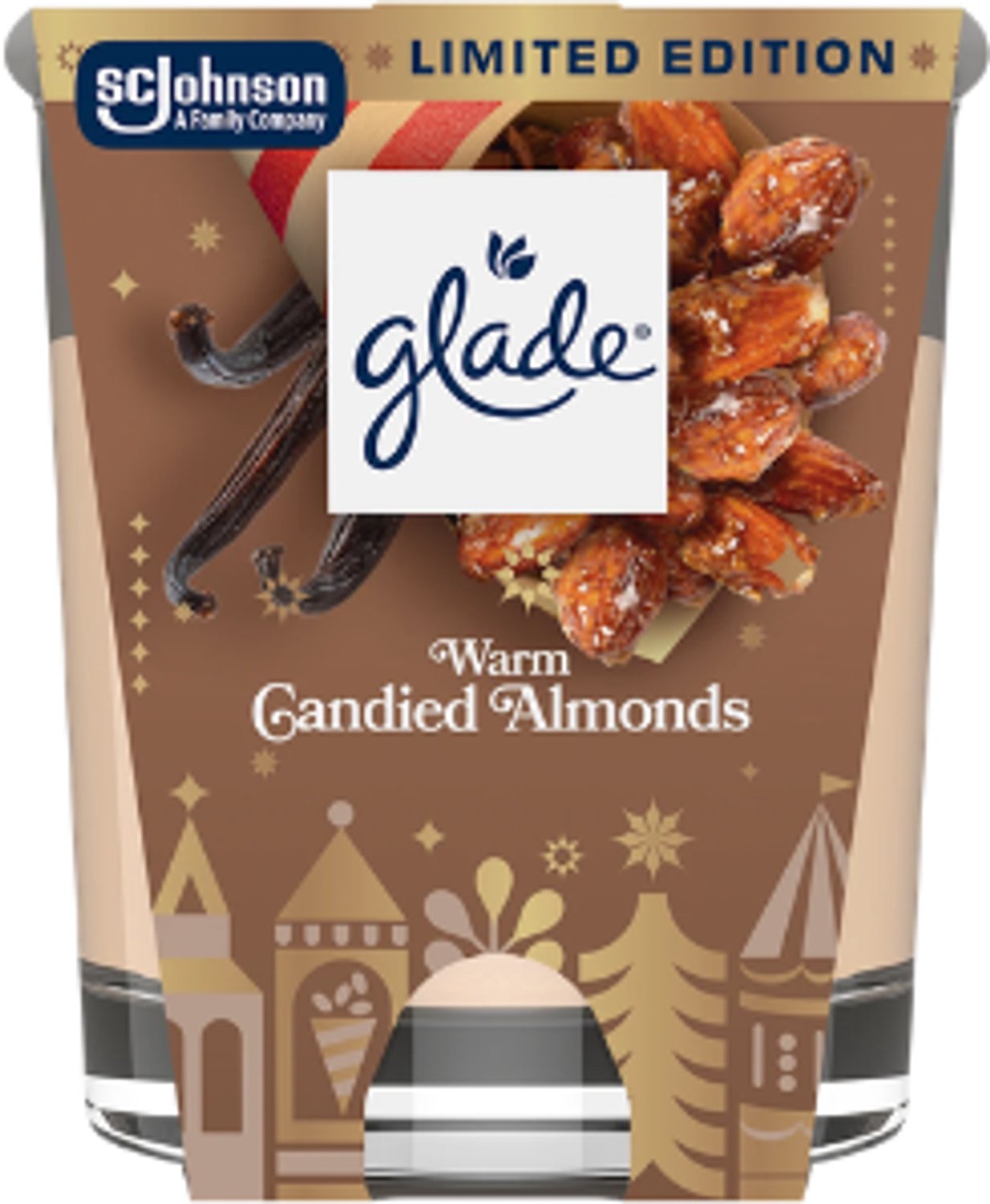 Kerst Geurkaars in Glas - Warm Candid Almonds - Glade | 1x 112g - Wintergeur Kaars in Glas - Brandduur: tot 30 uur
