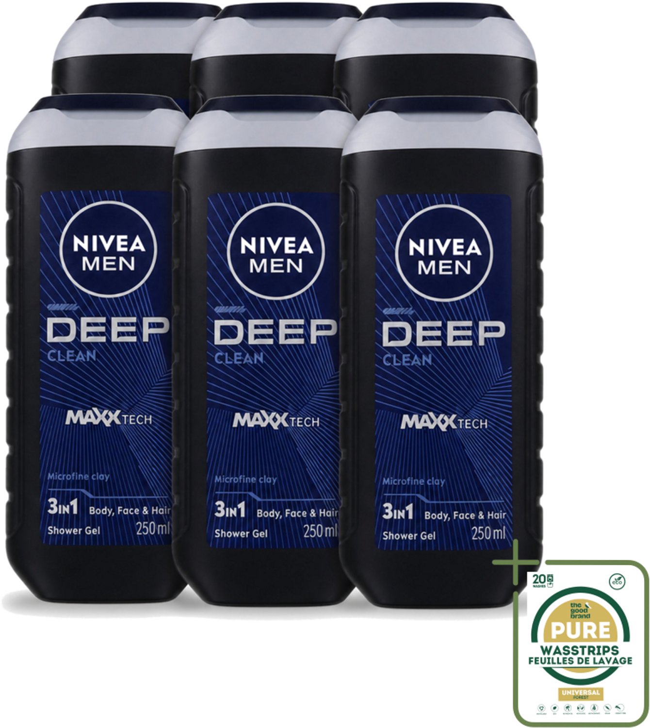 6 x Nivea Men – Douchegel – Deep Clean – 250 ml - Wasstrips - Douchegel - Diepe Reiniging - Microfijne Klei - Huid Reinigen - Haar Reinigen