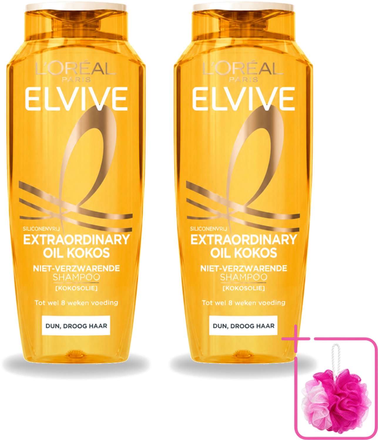 2 x L’Oréal Paris Elvive – Shampoo – Extraordinary Oil Kokos – Dun & Droog Haar – 250 ml - Bulkverpakking - Fijne kokosolie - Douchemop - Voeding zonder verzwaren