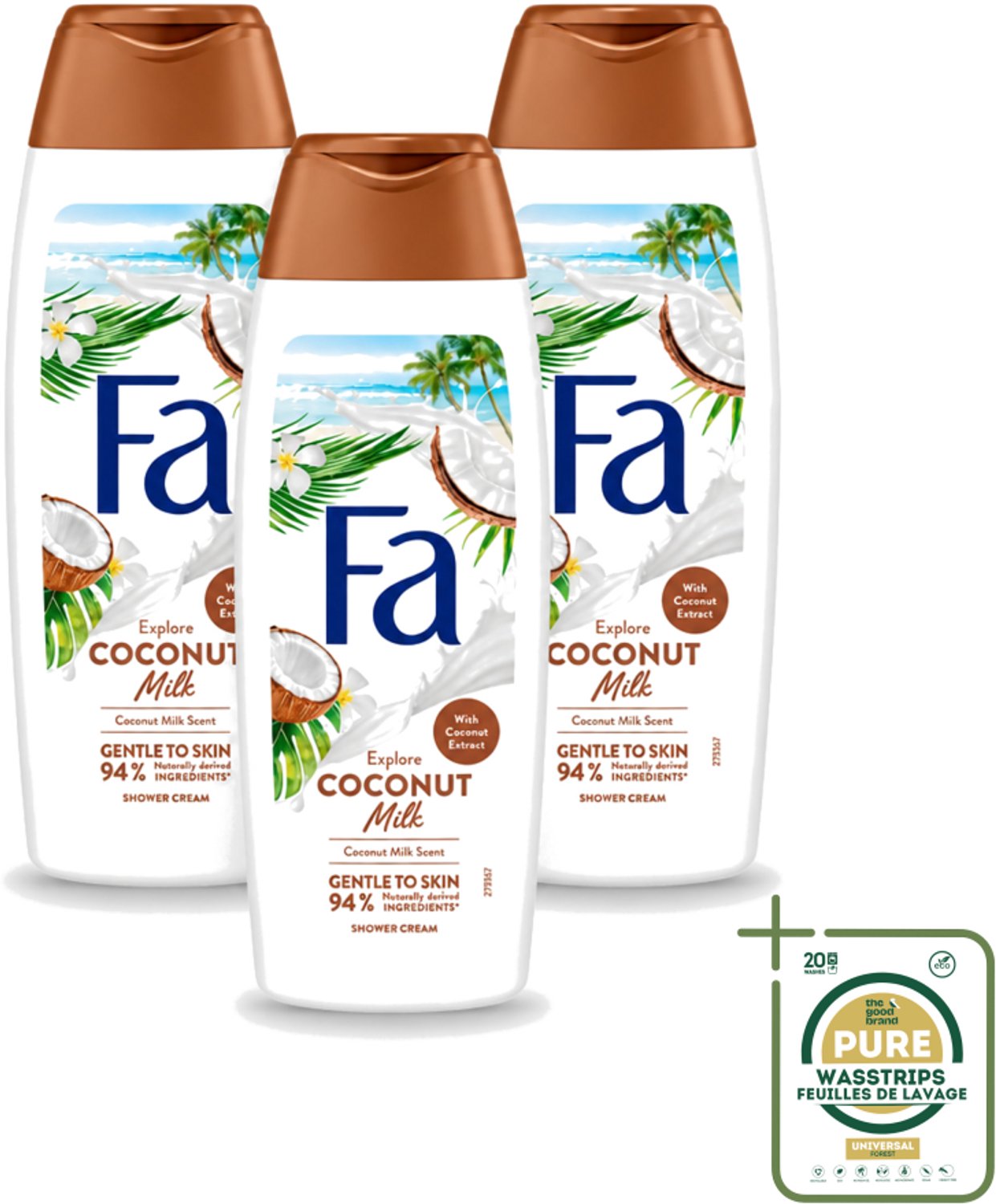 3 x Fa - Douchegel - Coconut Milk - Hydraterend & Kalmerend - Verzachtend - 250 ml - Wasstrips - Douchegel Kokosmelk - Hydraterende Douchegel - Kalmerende Douchegel - Verzachtende Douchegel - Kokos-extract Douchegel