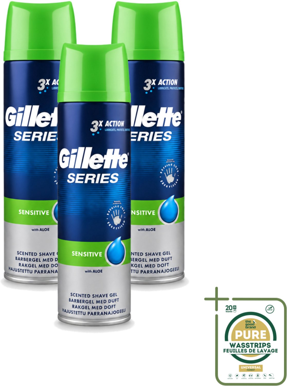 3 x Gillette Series - Scheergel - Sensitive - Aloe Vera - Voor de gevoelige huid - 200 ml - Wasstrips - Gevoelige Huid - Scheergel - Aloe Vera - Menthol - Scheren