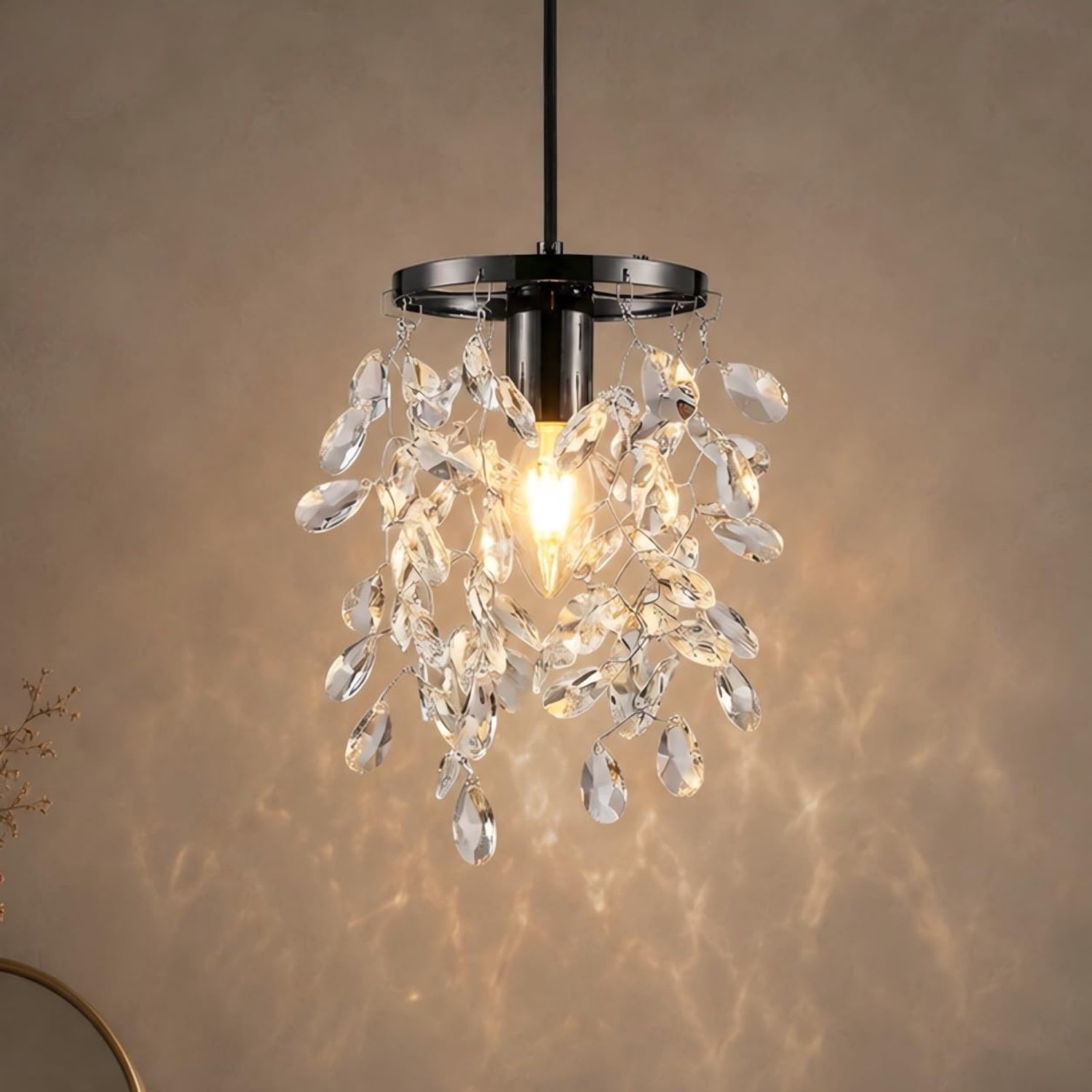 K9 Kristallen Hanglamp Zwart E26/E27, Voor slaapkamer, hal, gang en eethoek | Ø15 cm, Parelzwart, 160 cm in hoogte verstelbaar, K9 kristal, vervangbare lamp, kleine hanglamp.