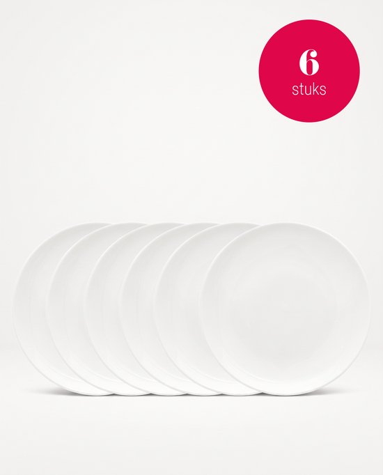Zes witte, ronde borden naast elkaar op een witte achtergrond. Rode cirkel met '6 stuks'.