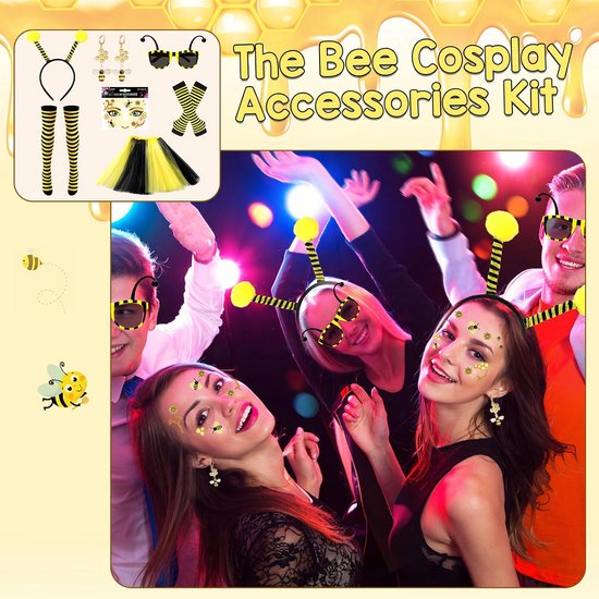 7 stuks bijenkostuum voor volwassenen, voor dames, Hummel, fancy Dress, set met tule rok, hoofdband, gestreepte kousen, handschoenen, gezicht, tattoobril, oorbellen voor carnaval, verkleedpartijen, — afbeelding 3