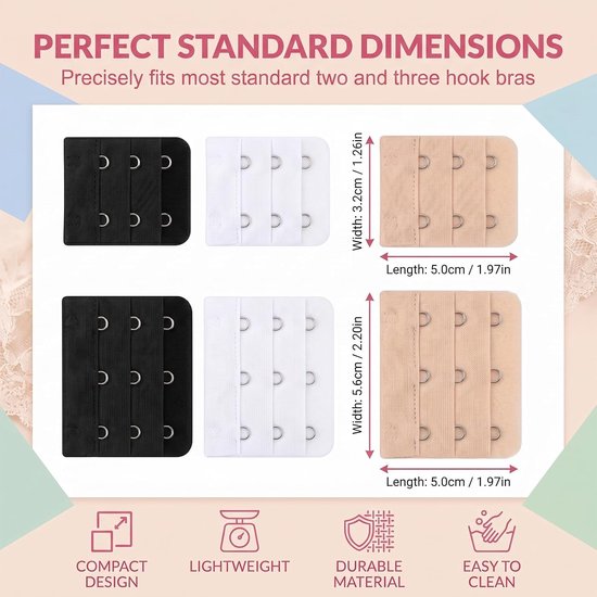 6 stuks beha-verlengingsset (2 haken en 3 haken), elastische beha-verlenging voor dames, bh-sluiting, verlenging in zwart, wit en huidskleur, beha-extenderset voor meer comfort — afbeelding 5