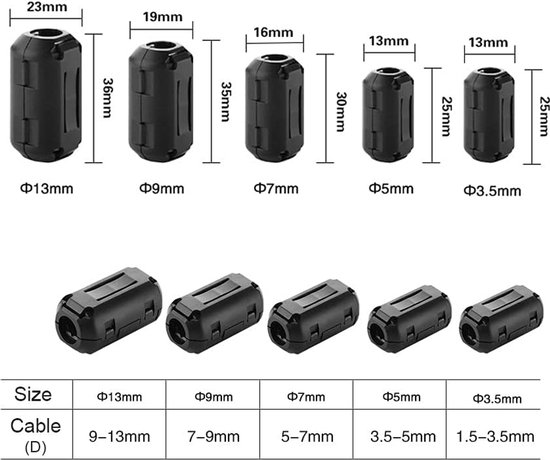 20 stuks 5 mm zwarte ferrietringkern, kabelclip, ruisonderdrukking, RFI EMI, anti-interferentie, hoogfrequent filter (5 mm binnendiameter) — afbeelding 5