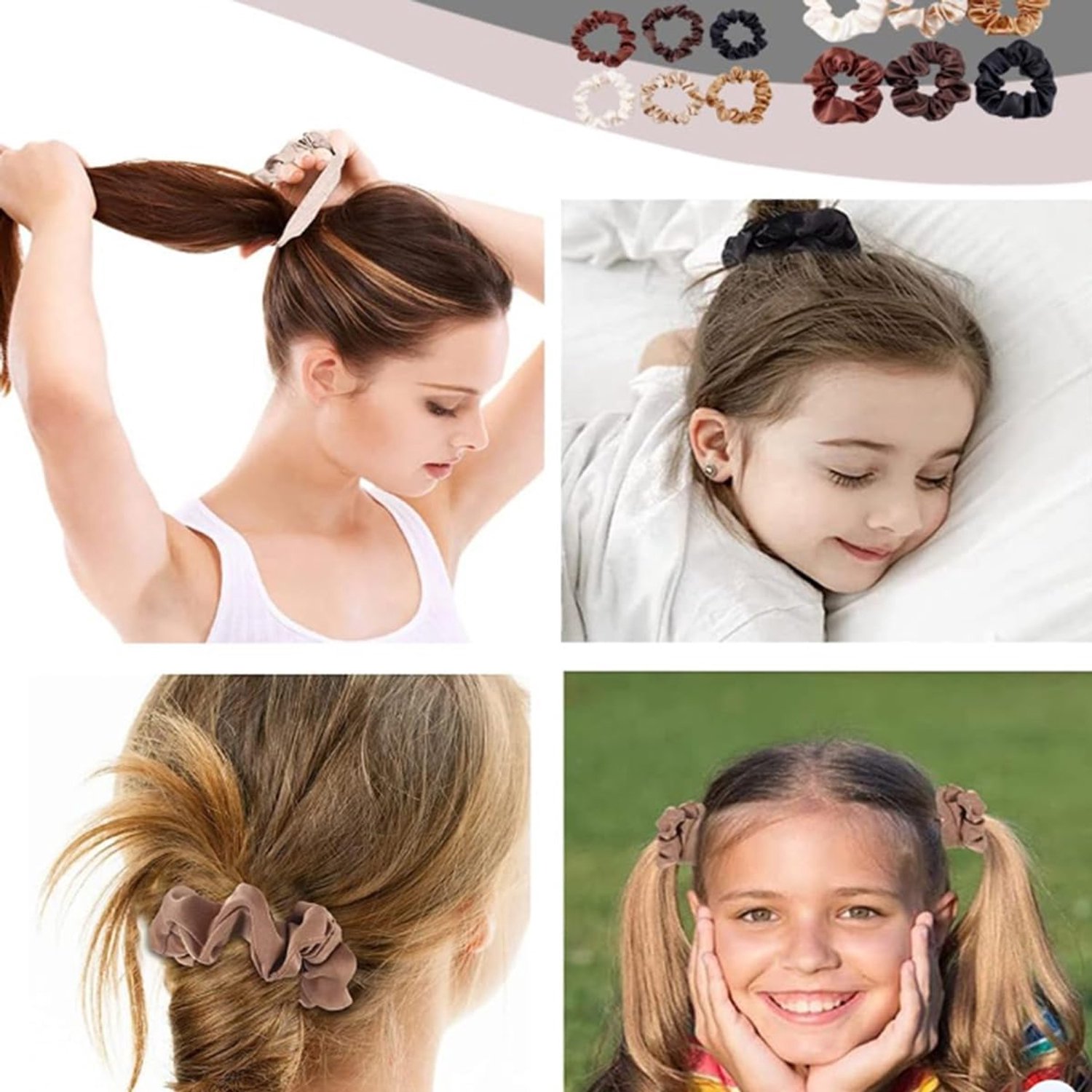 Zijden Scrunchies dames 100% moerbeizijde haarelastiek haarvriendelijk | De natuurlijke zijdestructuur vermindert wrijving bij het binden en helpt haarbreuk, knikken en kroezen te voorkomen.