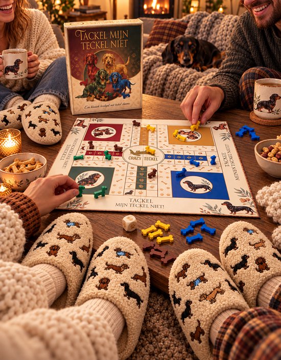 Beige pantoffels met geborduurde teckels in verschillende kleuren.