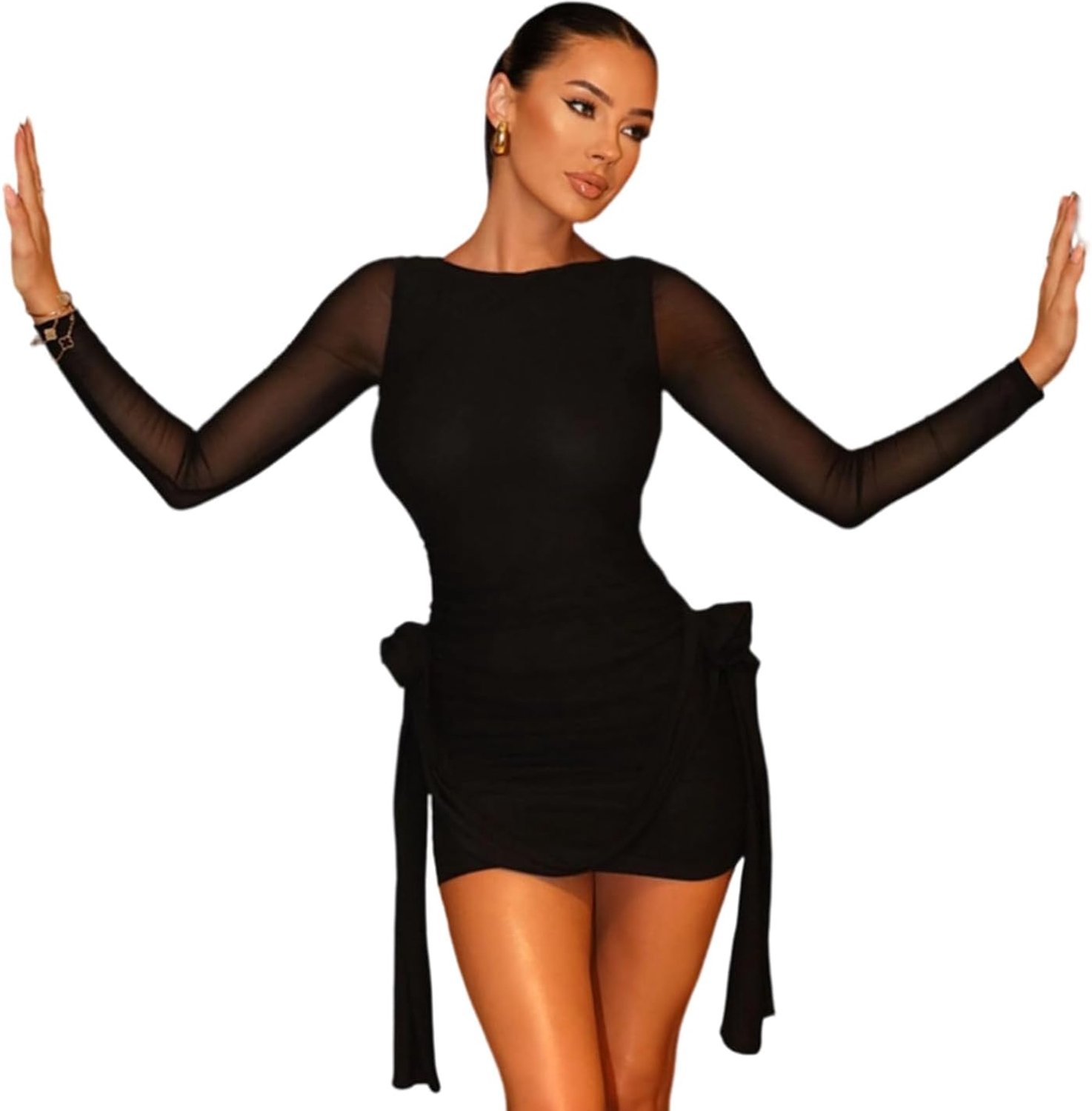 Mini-jurk voor dames, lange mouwen, bodycon, mini-jurk met bloemen, mesh-jurk, bodycon, lange mouwen, elegante kokerjurk, sexy vrijetijdsjurk, korte partyjurk, chique jurk voor club