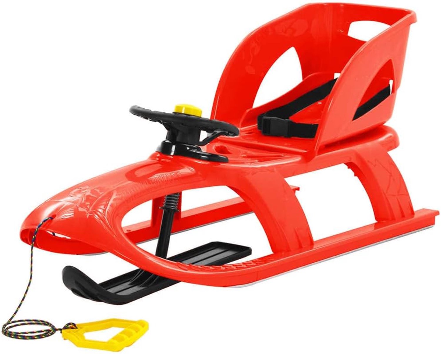 Kinderslee met stuur en zitje, robuuste kunststof slee met stalen glijders, trekkoord, 102,5 x 40 x 23 cm, belastbaar tot 50 kg, rood