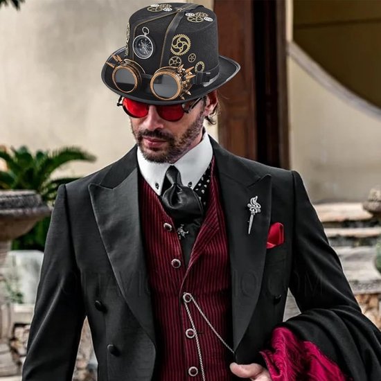 Steampunk Hoed - Steampunk-hoeden met bril, gotische vintage cosplay hoge hoed, aankleedaccessoire, Halloween-kostuum voor mannen, tijdreiziger outfit | Feestkleding voor volwassenen — afbeelding 4